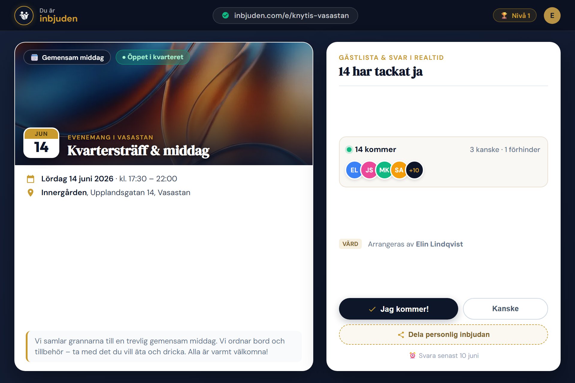 Exempel på färdig inbjudan med gästlista och svar i Inbjuden